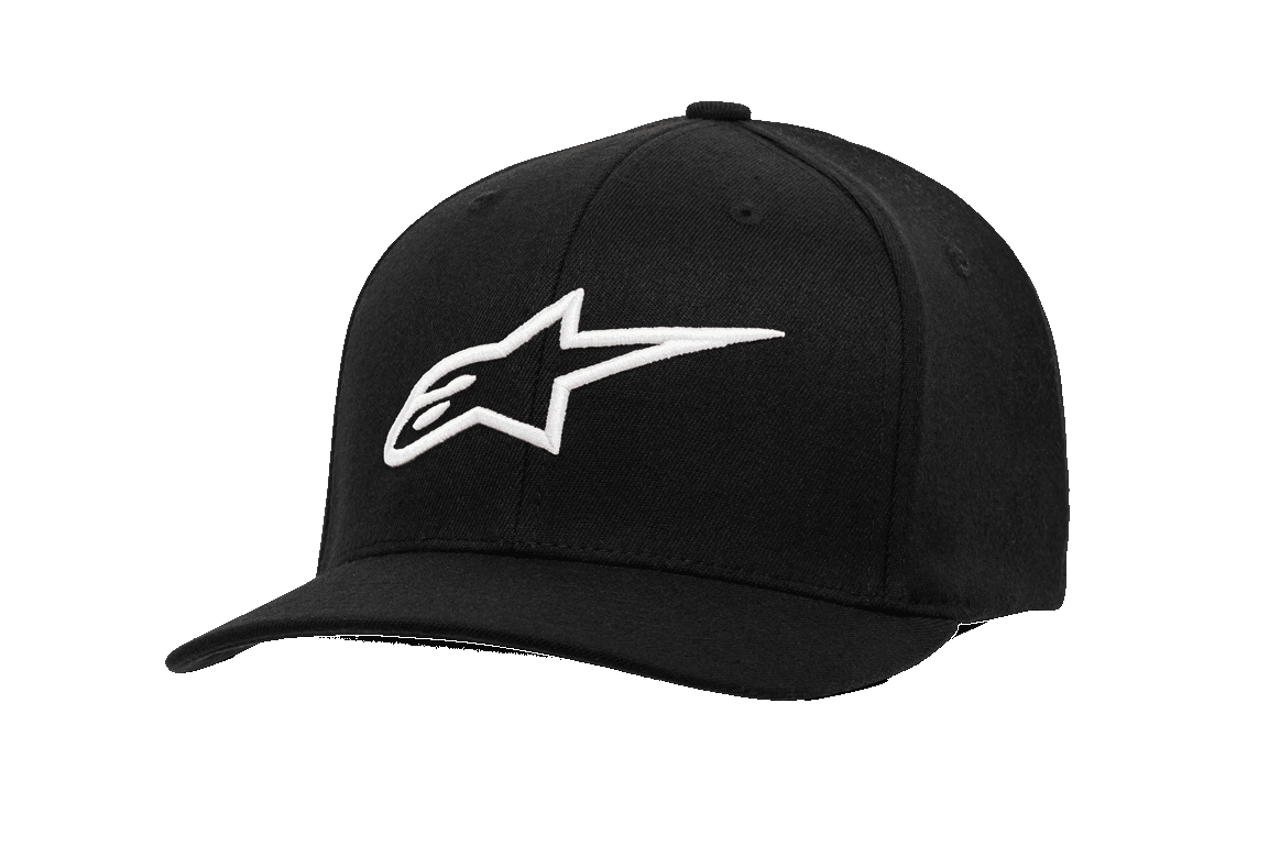 Alpinestars Ageless Curve Hat, cappellino da baseball nero con logo a stella bianco ricamato in 3D, visiera curva, corona strutturata, tessuto twill, abbigliamento sportivo casual motorsport