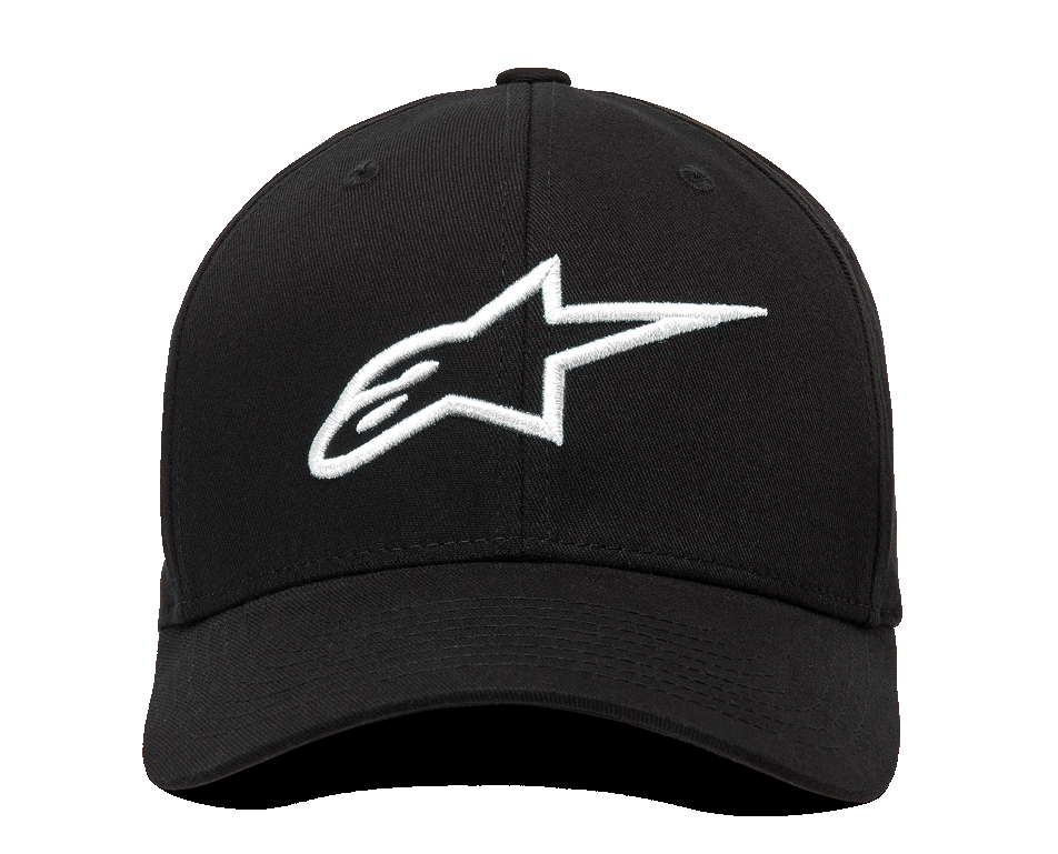 Cappello Alpinestars Ageless Curve, vista frontale, tessuto twill nero con logo Alpinestars bianco ricamato in 3D, berretto da baseball con visiera curva, stile casual sportswear
