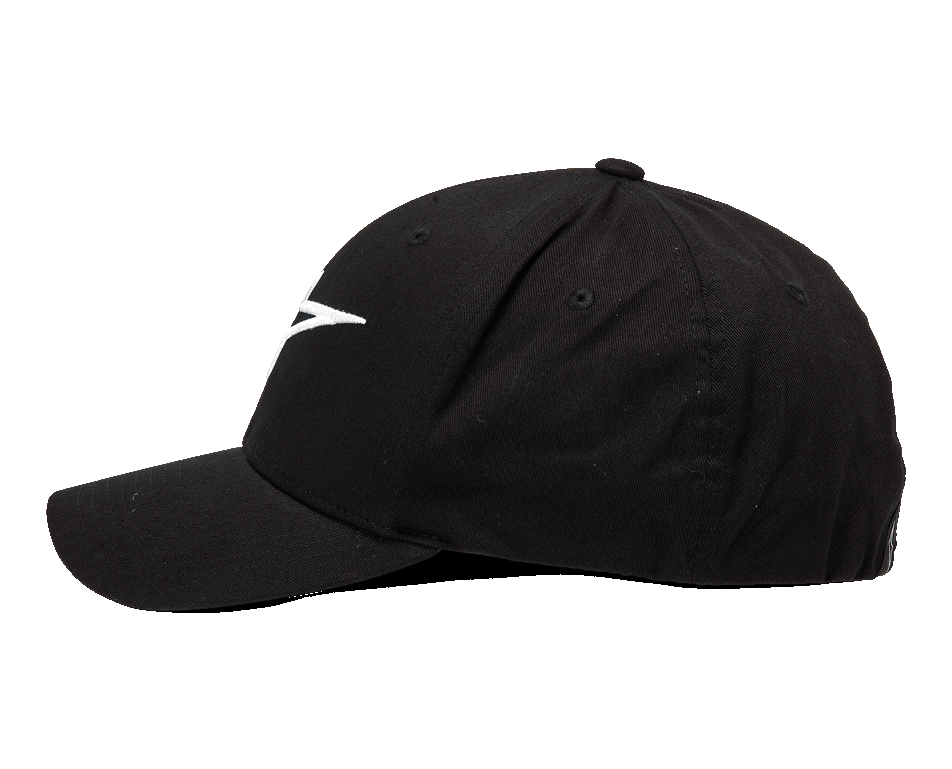 Cappello Alpinestars Ageless Curve, cappello da baseball con visiera curva, nero con logo bianco ricamato in 3D, vista laterale, tessuto twill, stile casual sportswear