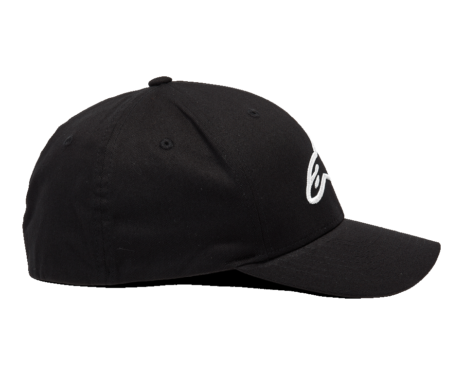 Alpinestars Cappello Ageless Curve, nero e bianco, profilo laterale con visiera curva e logo ricamato 3D bianco, abbigliamento sportivo casual