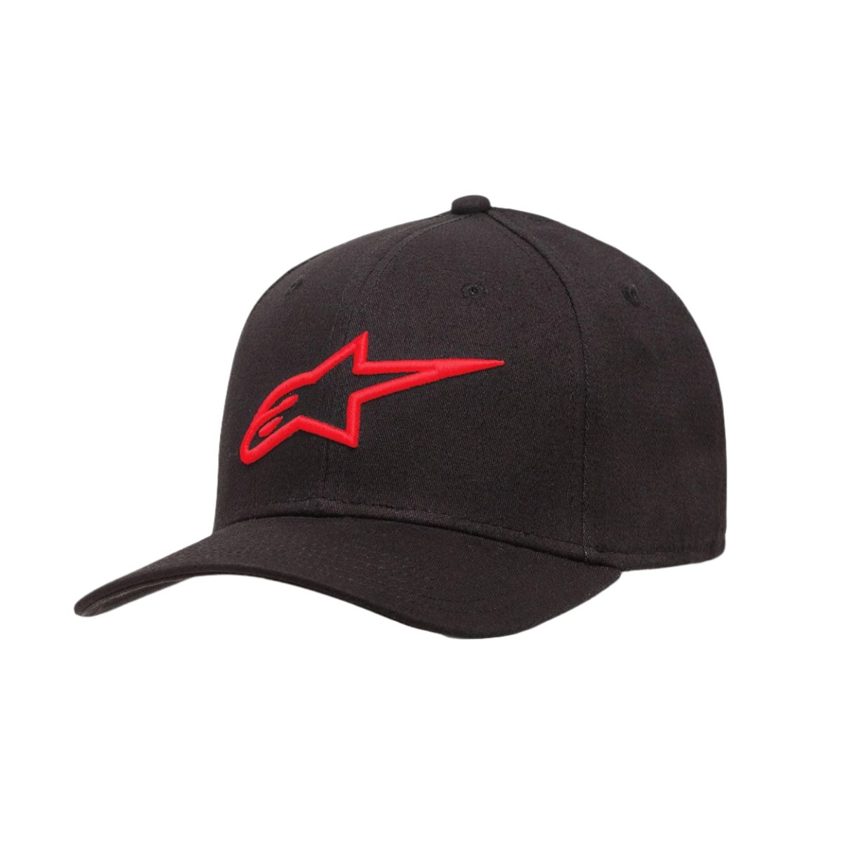 Cappello Alpinestars Ageless Curve, berretto da baseball nero con logo rosso ricamato in 3D, visiera curva, tessuto twill, accessorio sportivo casual