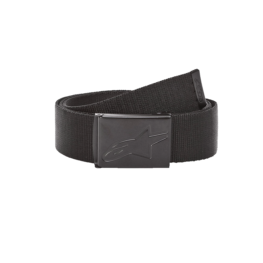 Cintura Alpinestars Ageless Web, cintura in tessuto nero, fibbia metallica a clip con logo stella inciso, punta metallica con logo, accessorio casual e sportivo resistente