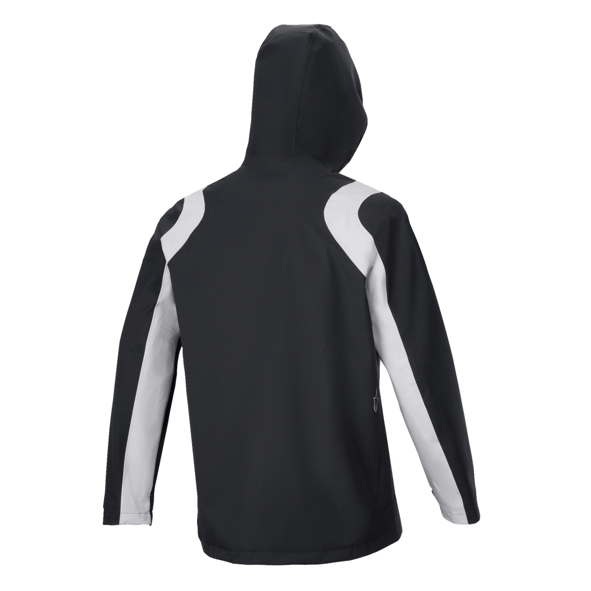 Alpinestars A-Dura Rain Jacket, nero e bianco, vista posteriore della giacca antipioggia da mountain bike con cappuccio, pannelli grigio chiaro a contrasto su spalle e maniche.