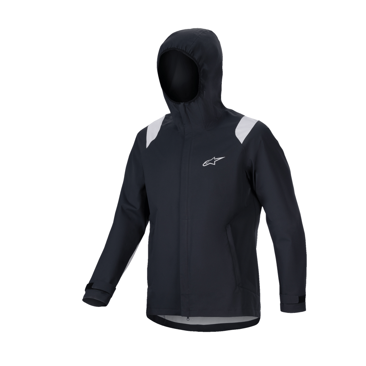 Alpinestars A-Dura Rain Jacket, giacca antipioggia MTB, nero con pannelli grigi sulle spalle, logo Astars bianco sul petto, design impermeabile con cappuccio e membrana a 2,5 strati, abbigliamento tecnico funzionale per ciclismo fuoristrada