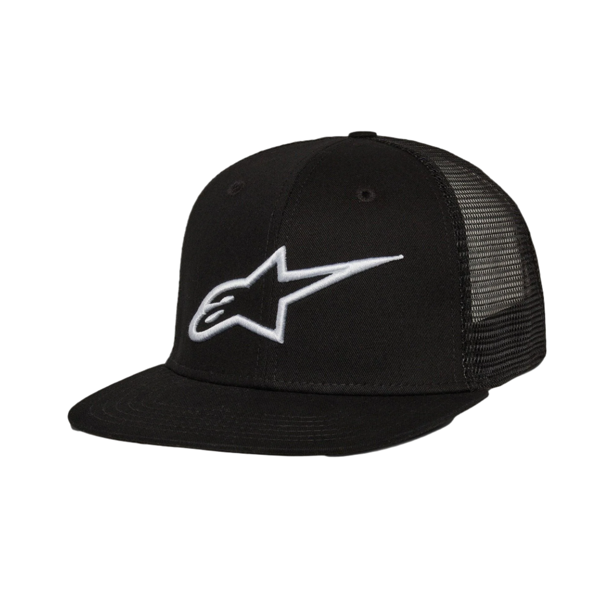 Alpinestars Corp Trucker Hat, berretto trucker con visiera piatta, nero, logo Alpinestars bianco ricamato in 3D sul davanti, pannelli posteriori in mesh, corona strutturata, streetwear casual motorsport
