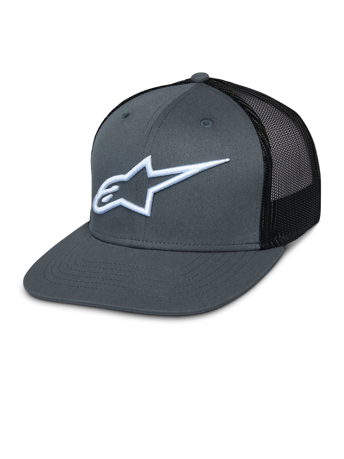 Cappellino Alpinestars Corp Trucker, parte anteriore grigia e retro in rete nera, logo a stella bianco ricamato, visiera piatta, corona strutturata e pannello posteriore in rete traspirante