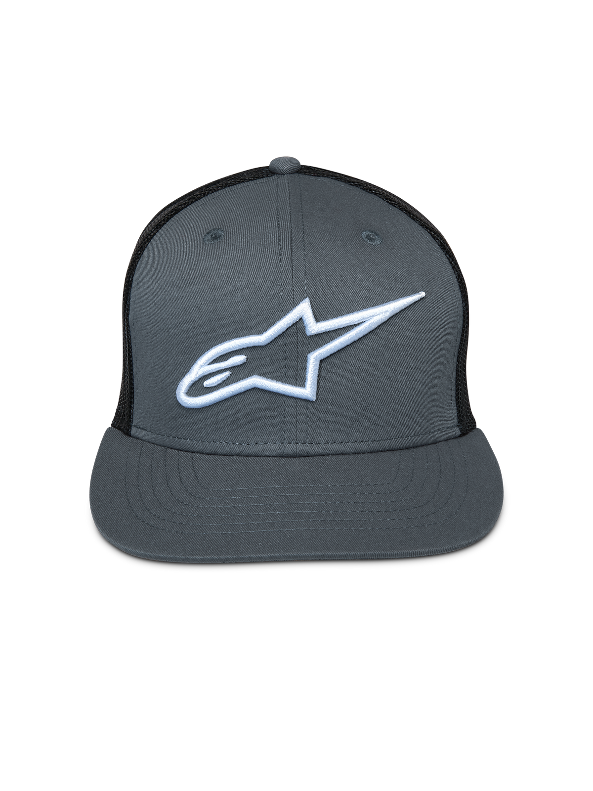 Cappello Alpinestars Corp Trucker, parte anteriore grigia e retro in rete nera, visiera piatta, logo Astar ricamato bianco, copricapo casual motorsport