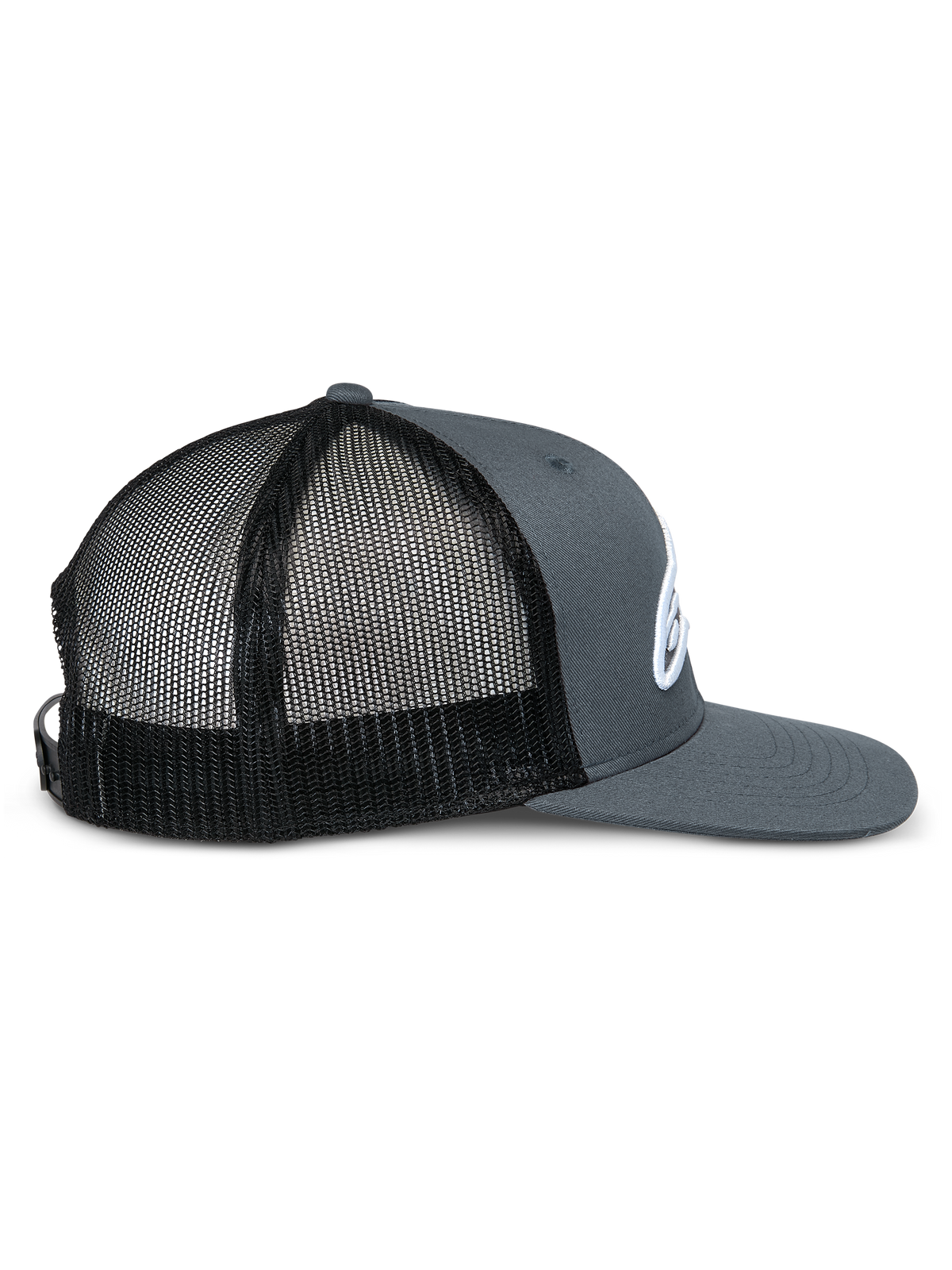 Cappello Alpinestars Corp Trucker, profilo laterale, parte anteriore e visiera in twill grigio con pannelli posteriori in rete nera, visiera piatta, corona strutturata, logo bianco ricamato, copricapo casual da motorsport