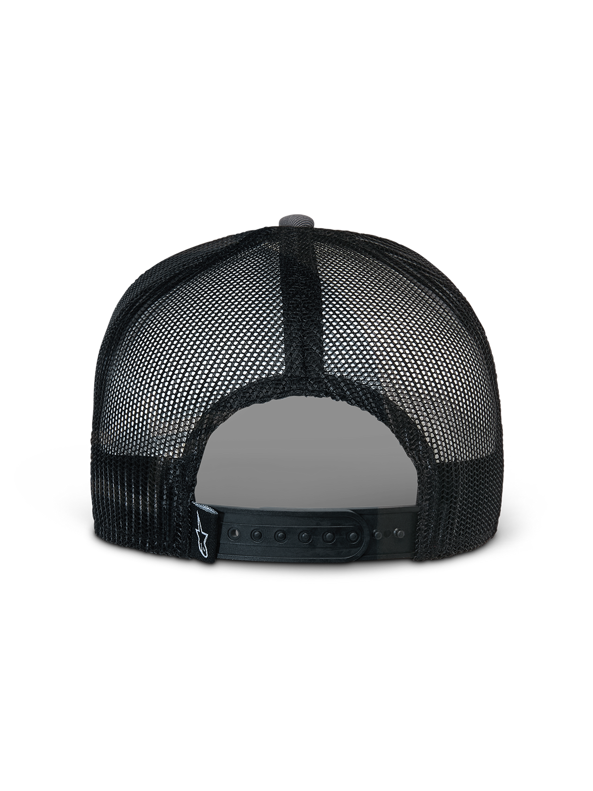 Cappello Alpinestars Corp Trucker, grigio e nero, vista posteriore con pannelli in rete nera e chiusura snapback regolabile, piccolo logo a stella bianco su etichetta posteriore nera, copricapo sportswear casual