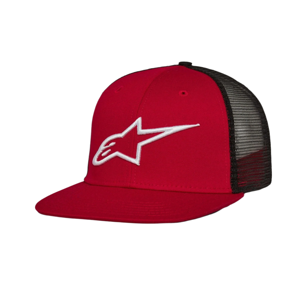 Alpinestars Corp Trucker Hat, cappello rosso e nero, cappello trucker con visiera piatta, logo bianco ricamato in 3D, pannello anteriore in twill rosso e retro in mesh nero