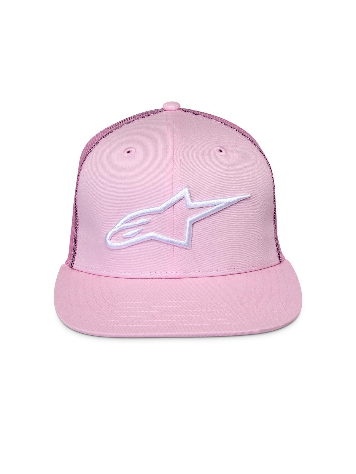 Cappello Alpinestars Corp Trucker, rosa, con logo ricamato bianco sul davanti, visiera piatta con corona strutturata, pannelli posteriori in rete, copricapo casual da motorsport