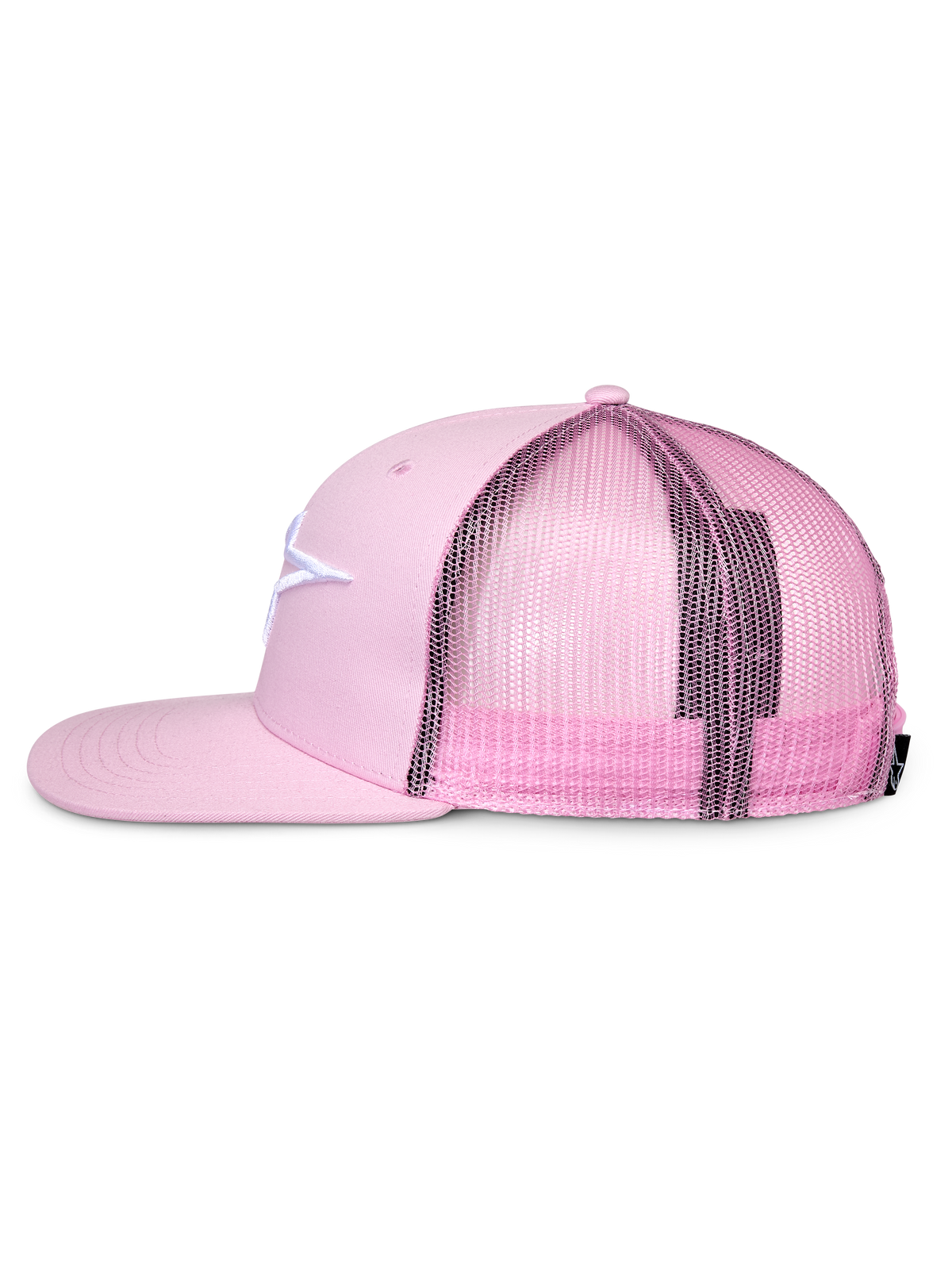 Cappello Alpinestars Corp Trucker, rosa, profilo laterale, visiera piatta e corona strutturata, logo bianco ricamato sul davanti in twill, retro in rete rosa, chiusura snapback regolabile, abbigliamento sportivo casual
