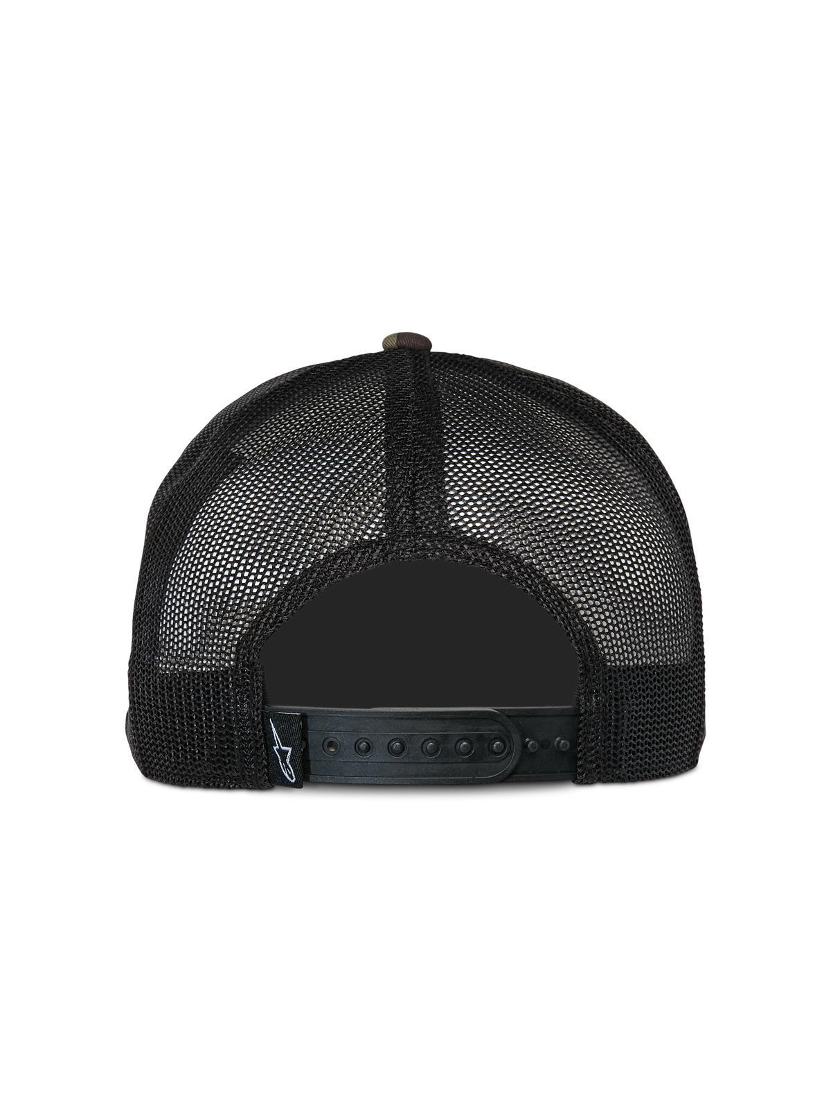 Alpinestars Corp Trucker Hat, cappellino trucker casual, camouflage verde e nero, vista posteriore con pannelli in rete nera e chiusura snapback regolabile, piccola etichetta con logo in tessuto, design classico ispirato al motorsport