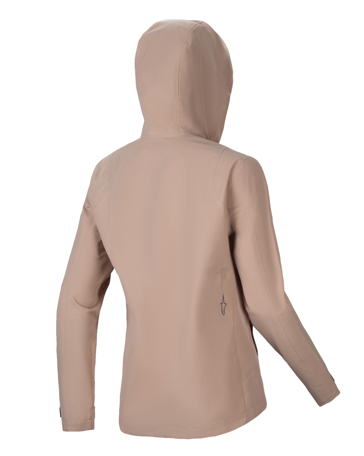 Alpinestars Stella A-Dura Rain Jacket, giacca antipioggia da ciclismo da donna, marrone chiaro, vista posteriore con cappuccio e silhouette lineare, sottile dettaglio del logo nero sulla parte inferiore della schiena, costruzione tecnica impermeabile a 2,5 strati per MTB