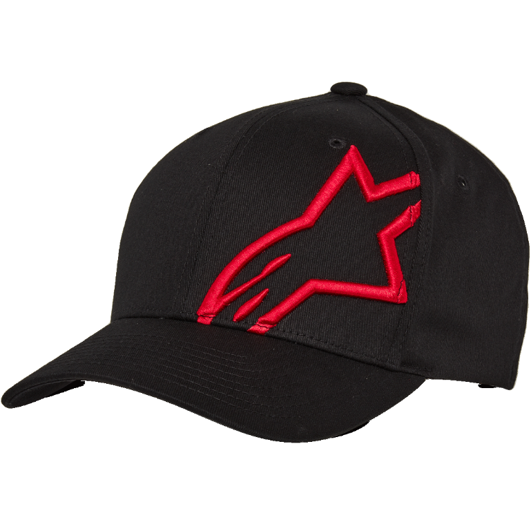 Cappellino da baseball Alpinestars Corp Shift 2 con visiera curva, nero con grande logo a stella rosso ricamato piatto sul pannello frontale sinistro, visiera curva Flexfit, costruzione a sei pannelli, copricapo casual ispirato al motorsport