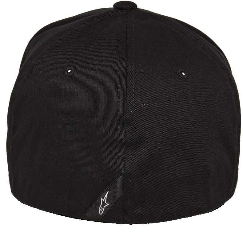 Alpinestars Corp Shift 2 Curved Brim Hat, nero, vista posteriore con piccolo logo Astars bianco su etichetta diagonale in pelle scamosciata, copricapo casual Flexfit ispirato al motorsport