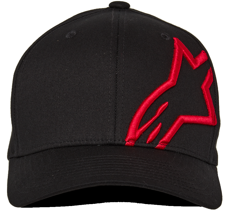 Alpinestars Corp Shift 2 Curved Brim, cappellino con visiera curva, nero con ricamo rosso, logo Astars piatto sul pannello anteriore sinistro, abbigliamento casual motorsport