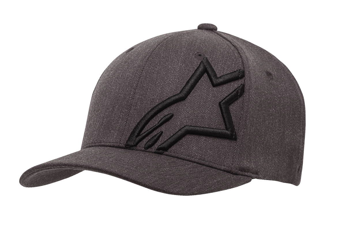 Cappello Alpinestars Corp Shift 2 Curved Bill, cappellino da baseball grigio scuro mélange e nero, con un grande logo a stella nero ricamato sul pannello anteriore sinistro, design con visiera curva, tessuto testurizzato con fori di ventilazione, copricapo casual ispirato al motorsport