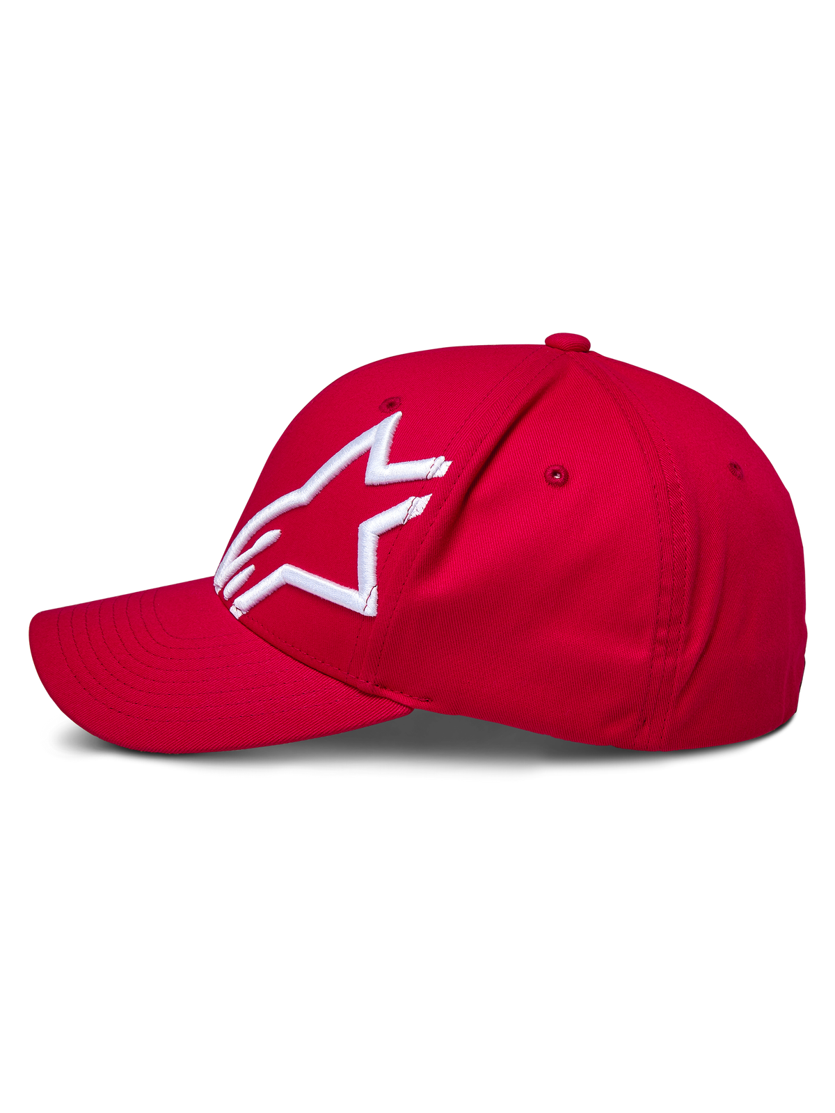 Cappello Alpinestars Corp Shift 2 Curved Brim, rosso, con logo Alpinestars bianco ricamato in 3D sul pannello sinistro, vista laterale, corona strutturata con visiera curva, copricapo casual ispirato al motorsport