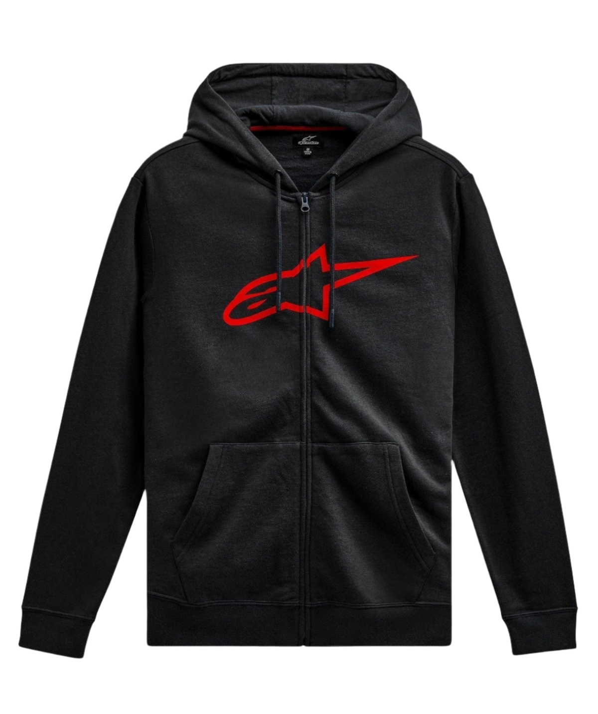 Felpa con cappuccio Alpinestars Ageless Zip V3, streetwear motorsport casual, nero con logo Astars rosso, cerniera a tutta lunghezza, cappuccio con cordino, maniche lunghe, polsini e orlo a costine