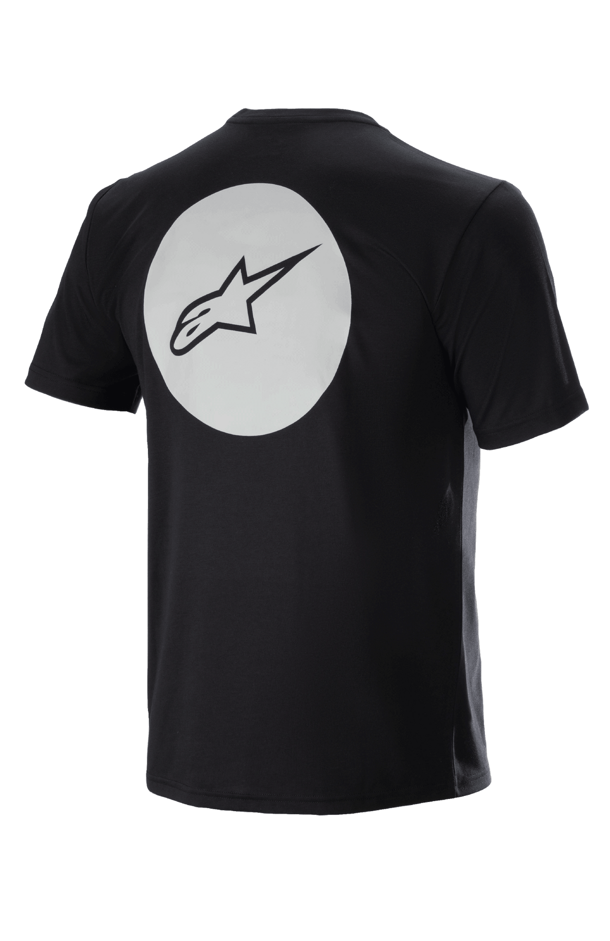Alpinestars Dot Tech Tee, maglia da ciclismo a maniche corte, nero, vista posteriore con grande cerchio bianco e logo A-star nero, tessuto traspirante DriRelease per mountain bike