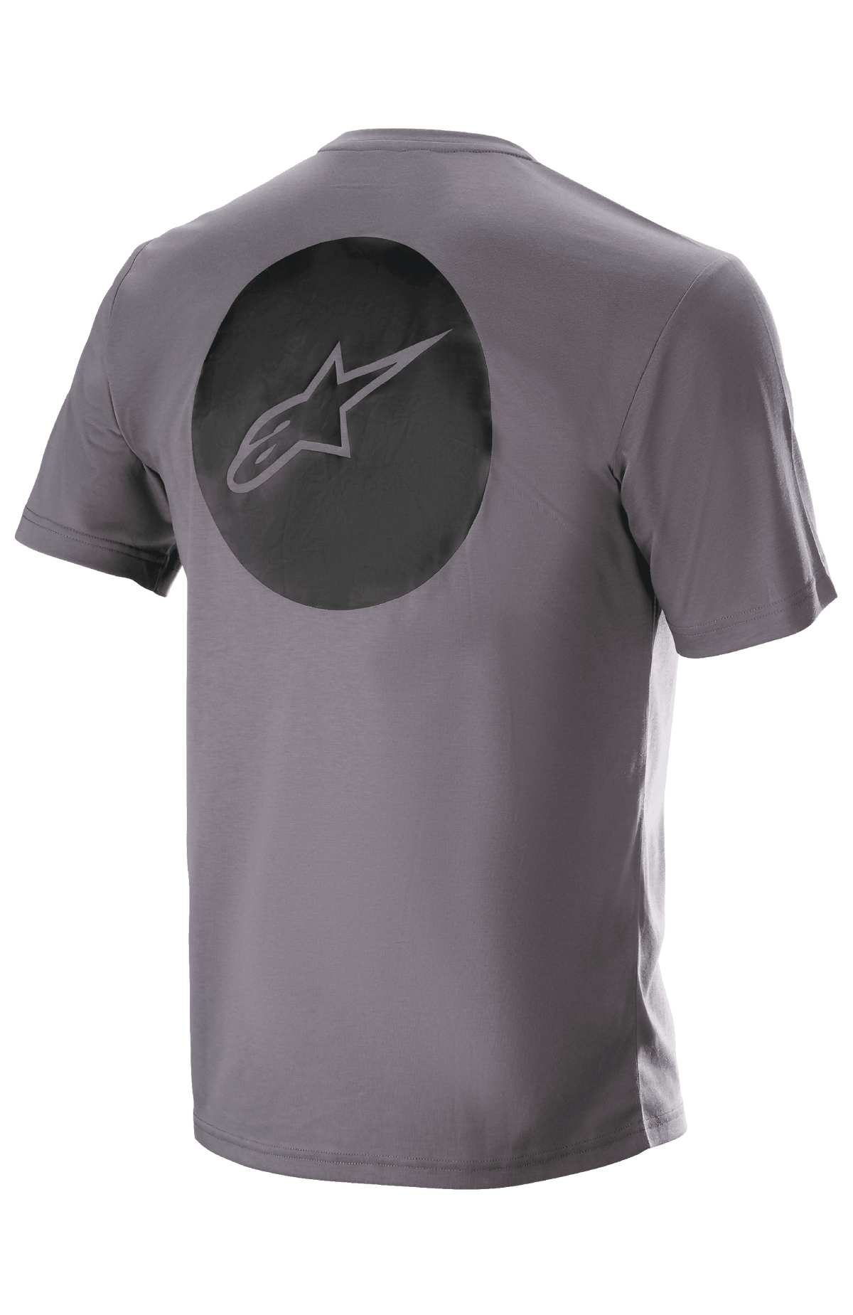 Alpinestars Dot Tech Tee, a maniche corte, Sparrow Gray, vista posteriore con una grande grafica circolare nera con il logo a stella Alpinestars, abbigliamento tecnico da MTB traspirante