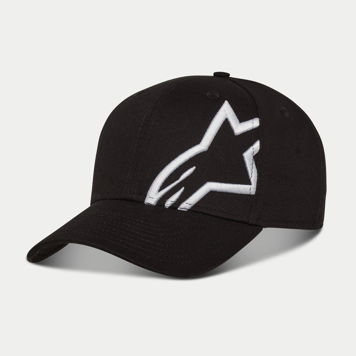 Cappello Alpinestars Corp Snap 2, nero e bianco, con visiera curva e corona strutturata, grande logo Alpinestars bianco ricamato in 3D sul pannello sinistro, classico design snapback