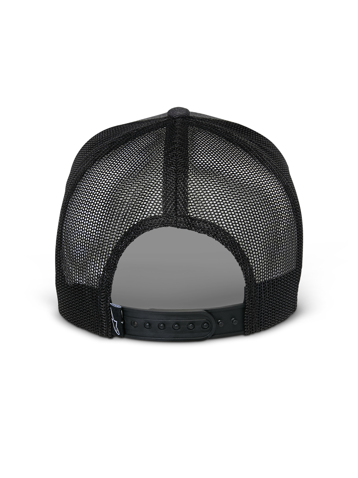 Cappello Alpinestars Flag Snapback, vista posteriore, Charcoal Heather Black, con pannelli in mesh nero traspirante e chiusura snapback regolabile, copricapo casual ispirato al motorsport
