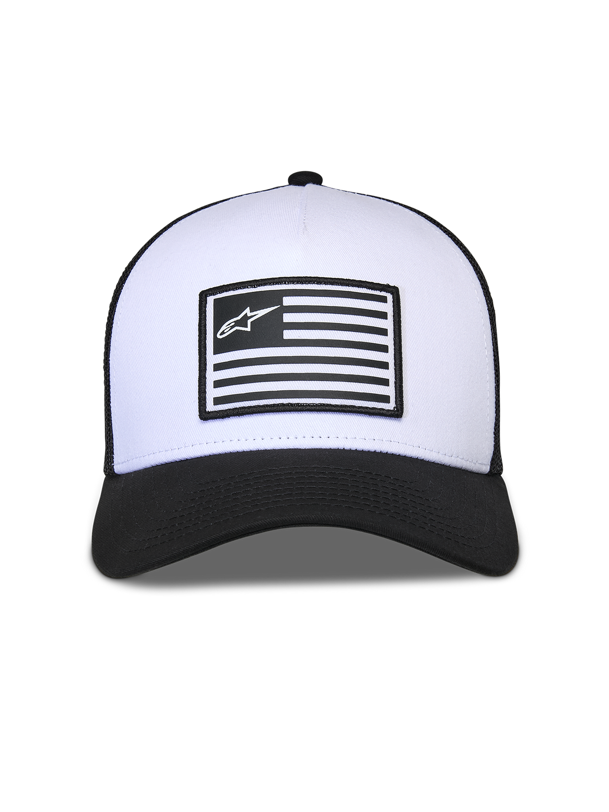 Cappello Snapback Flag Alpinestars, bianco e nero, corona bianca strutturata con visiera curva nera e retro in rete, patch centrale a bandiera con logo Alpinestars, accessorio casual ispirato al motorsport