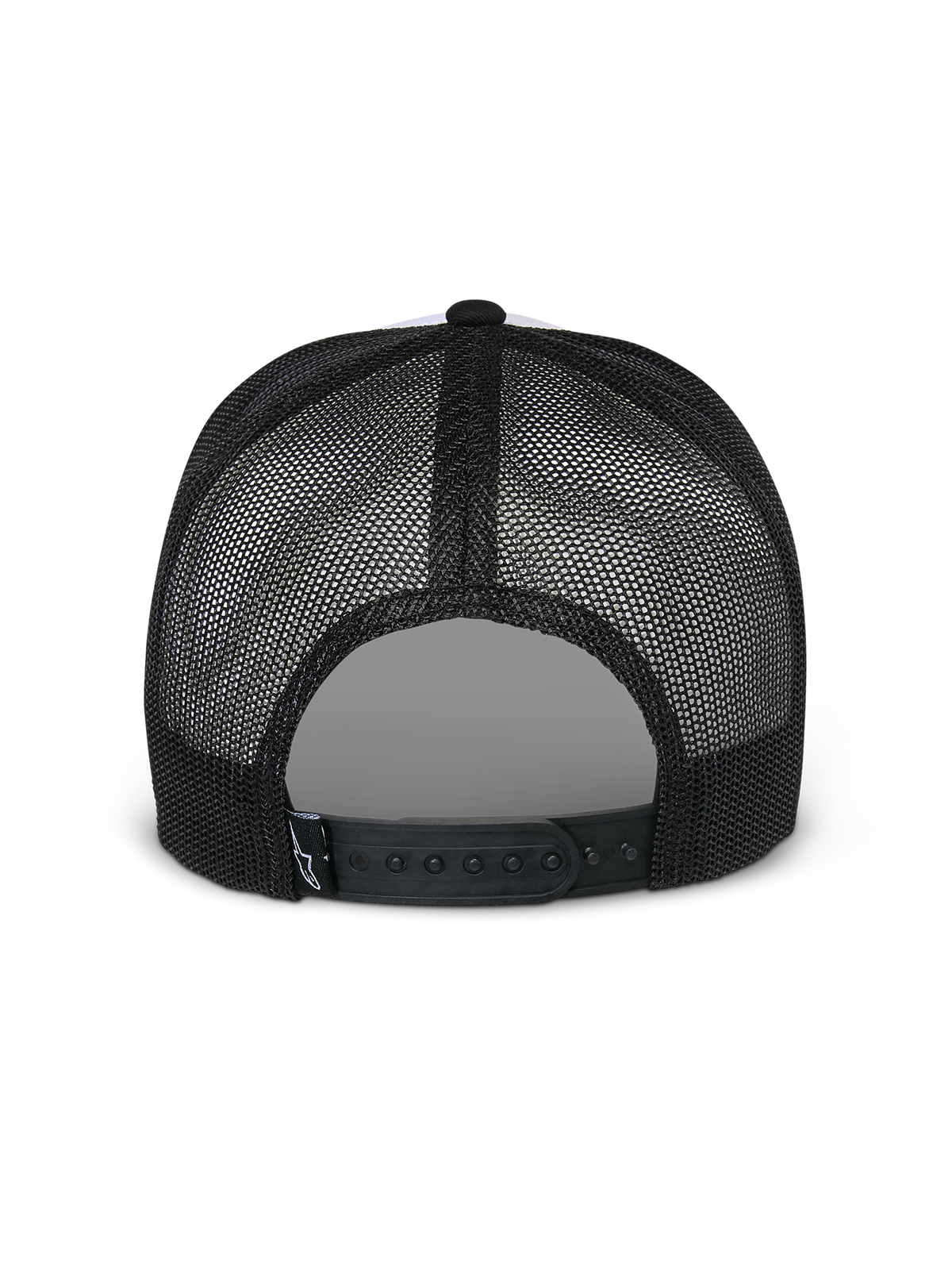 Cappello Snapback Flag Alpinestars, bianco e nero, vista posteriore con pannelli in rete nera e chiusura snapback regolabile, copricapo casual da motorsport