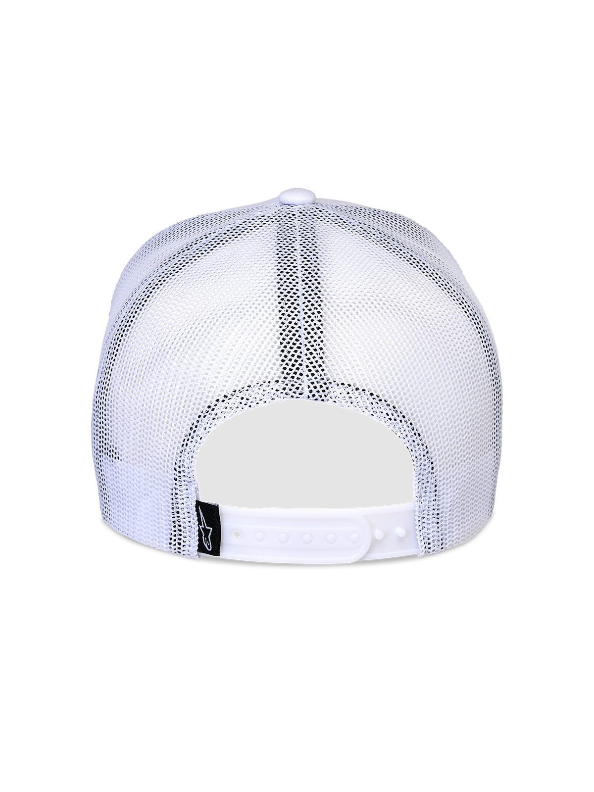 Cappello Snapback Flag Alpinestars, bianco, vista posteriore con pannelli in rete bianca traspirante, chiusura snapback regolabile e piccola etichetta con logo nero, design classico da cappello trucker