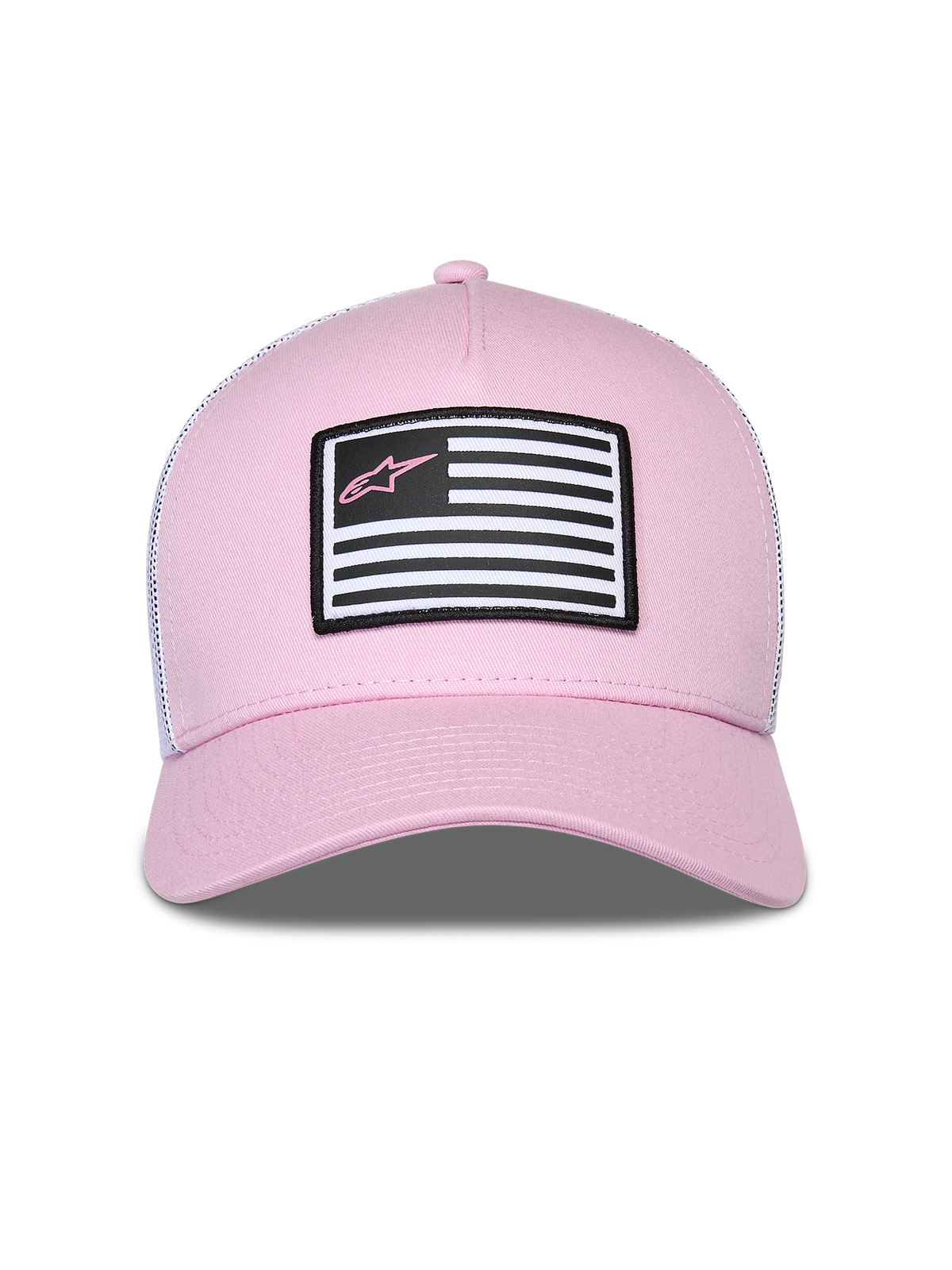 Cappello Alpinestars Flag Snapback, rosa e bianco, con parte anteriore in twill rosa e retro in mesh bianco, visiera curva, patch frontale con design a bandiera e logo Astars rosa, streetwear casual motorsport