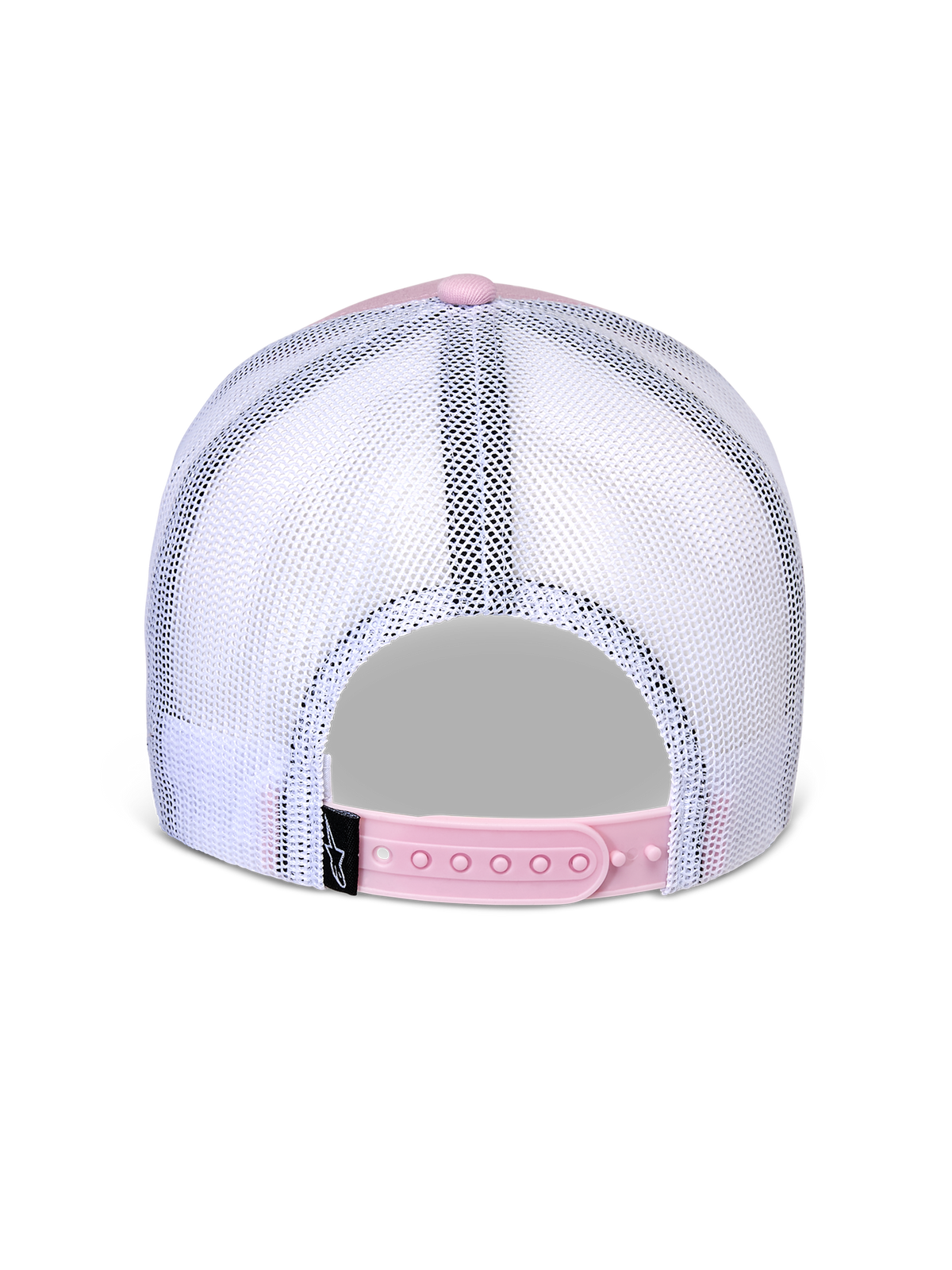 Cappello Flag Snapback Alpinestars, vista posteriore, rosa e bianco, pannelli in mesh bianco traspirante con chiusura snapback regolabile rosa, piccola etichetta nera con logo Alpinestars, copricapo casual ispirato al motorsport