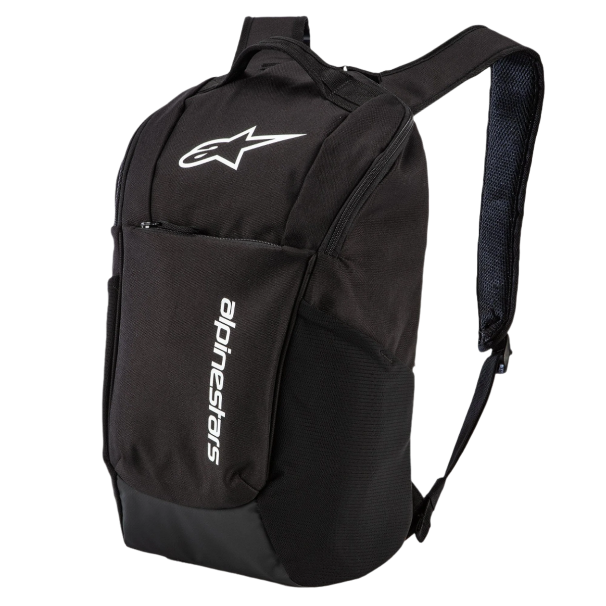 Alpinestars Zaino Defcon V2, nero, zaino quotidiano di piccole dimensioni con logo stampato bianco e branding verticale, dotato di tasche laterali in rete e spallacci in rete traspirante, realizzato in resistente poliestere 600D