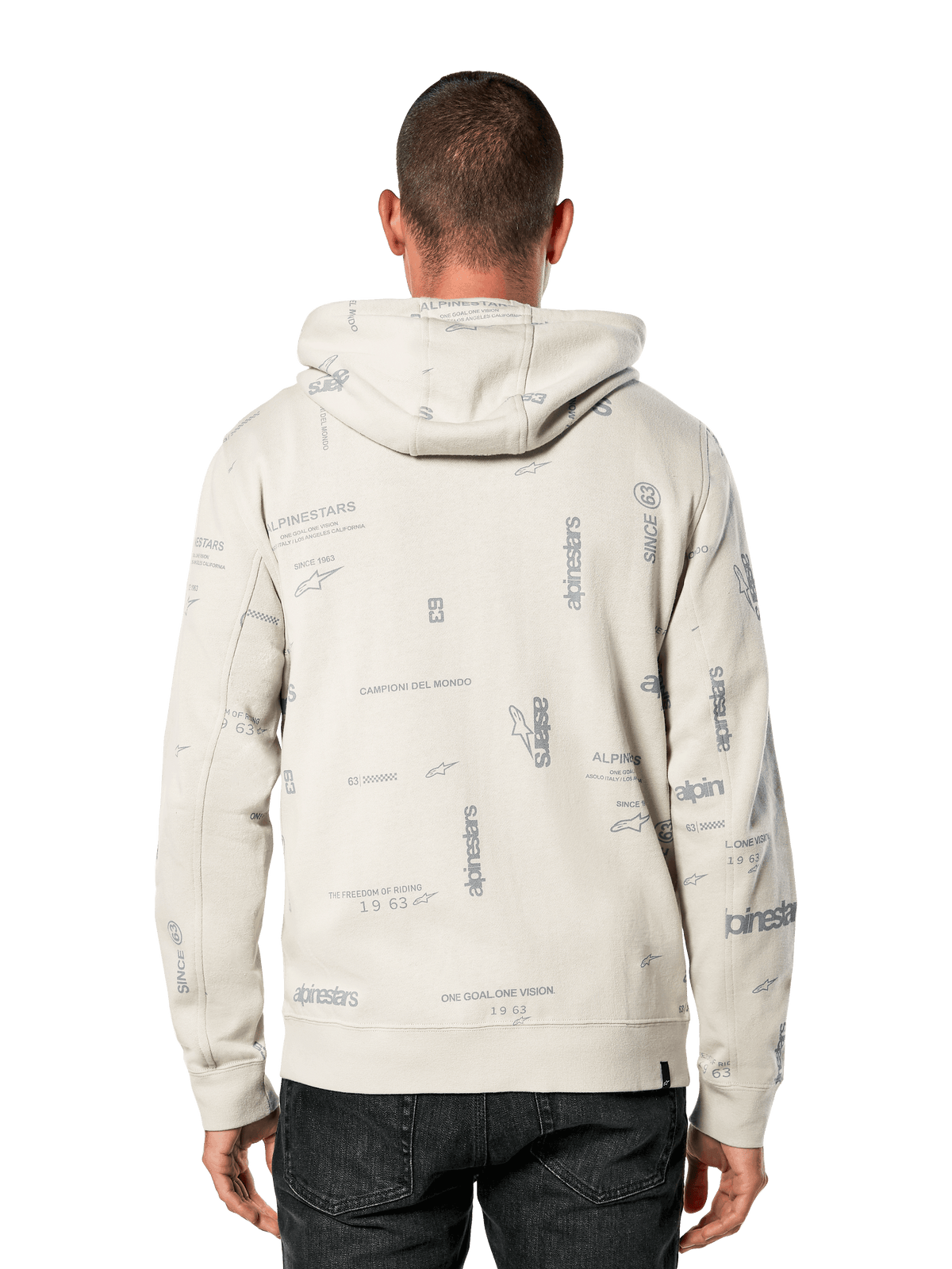 Felpa con cappuccio Alpinestars Plenitude, vista posteriore, bianco sporco con stampa integrale grigia di slogan e loghi del marchio, abbigliamento sportivo casual, polsini e orlo a costine, felpa per l'uso quotidiano