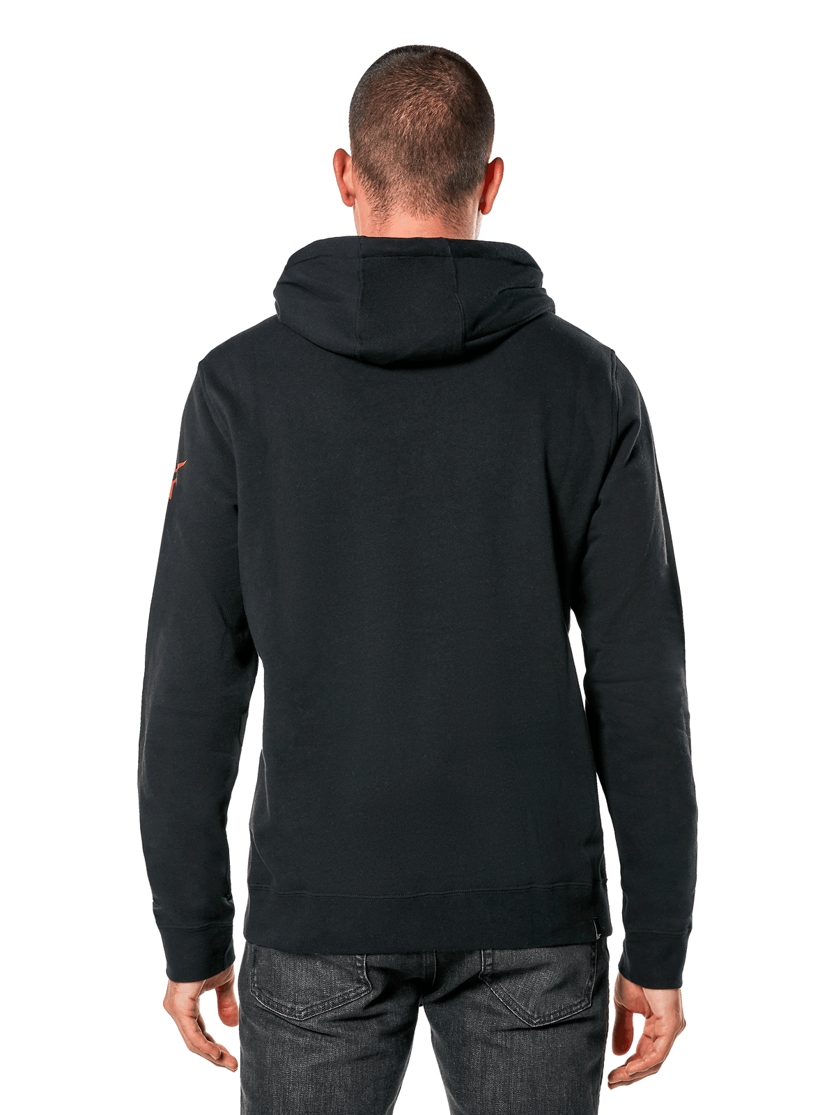 Alpinestars Linear Wordmark V3 Hoodie, streetwear casual, felpa nera con cappuccio vista dal retro, logo rosso sulla manica, polsini e orlo a costine, design moderno ispirato al motorsport