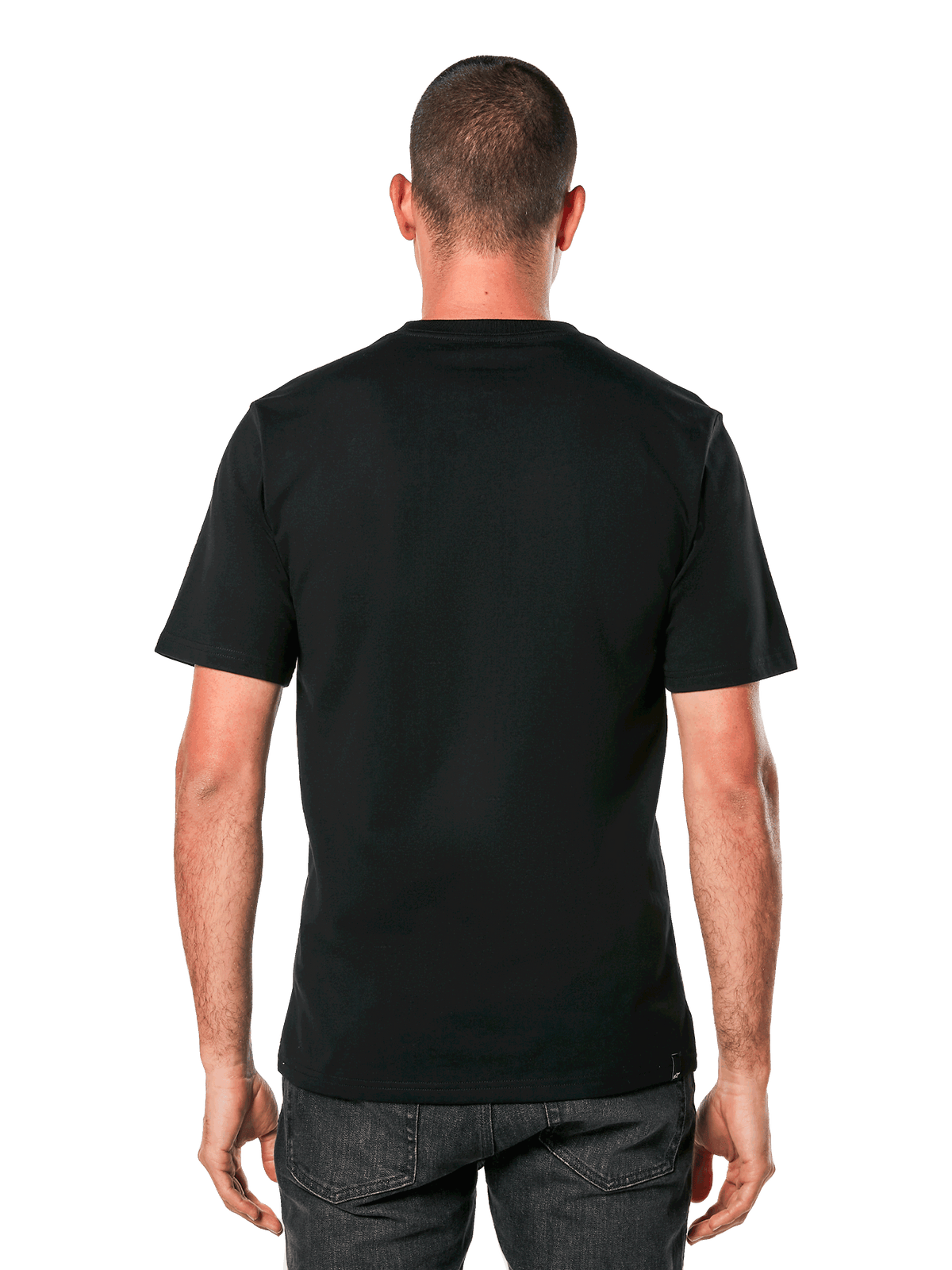 Alpinestars Ageless 2.0 CSF Tee, maglietta a maniche corte, nero, vista posteriore su modello, design semplice con taglio e cucitura, abbigliamento sportivo casual ispirato al motorsport