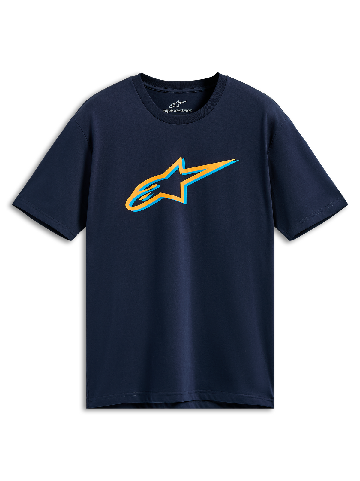 Alpinestars Ageless Shadow CSF Tee, maglietta a maniche corte, blu navy, logo Ageless Shadow arancione e azzurro sul petto, abbigliamento sportivo casual