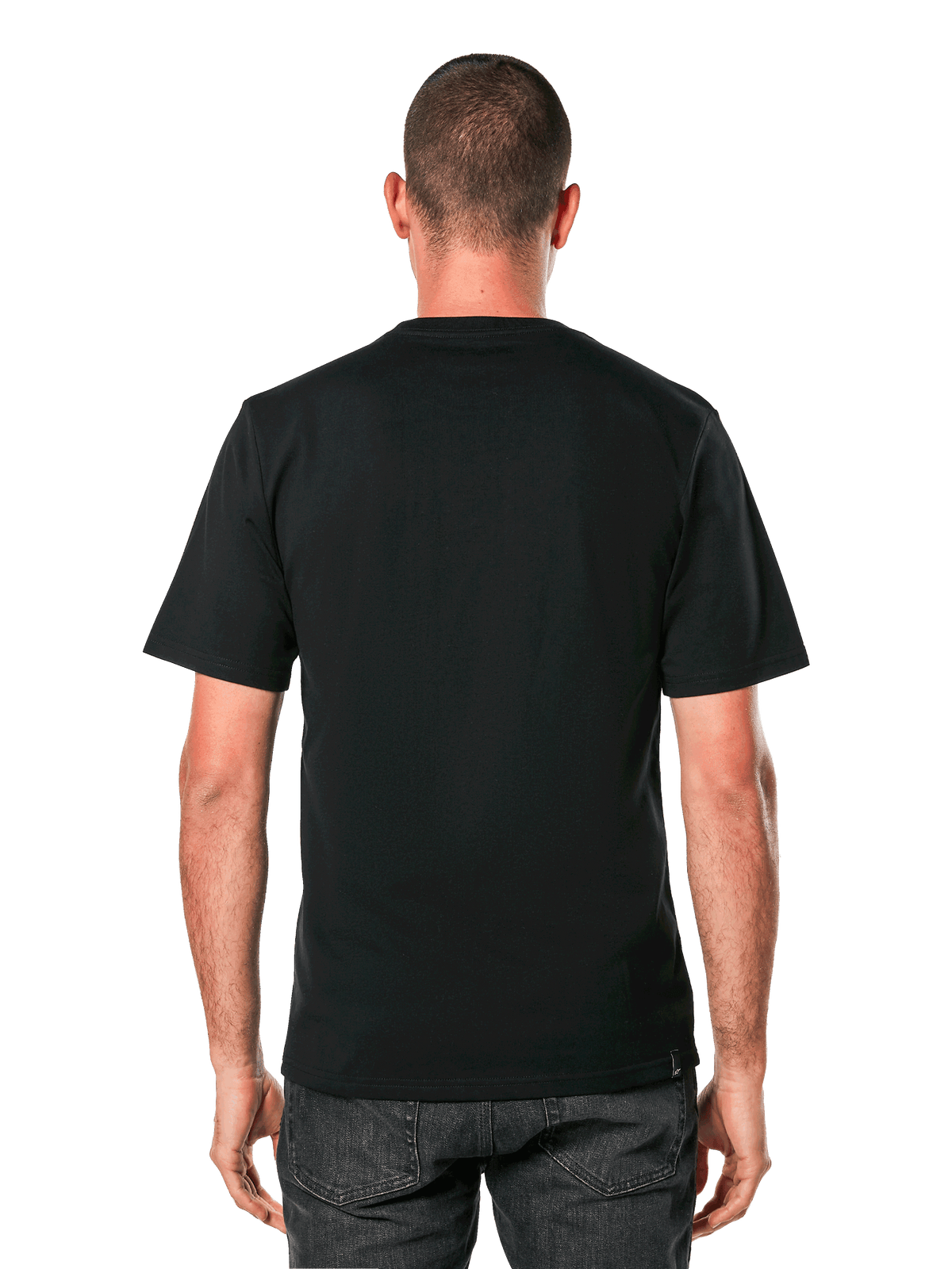 Alpinestars Always 2.0 CSF Tee, t-shirt a maniche corte, nero, vista posteriore con design semplice sul retro, indossata da un modello, abbigliamento casual motorsport streetwear