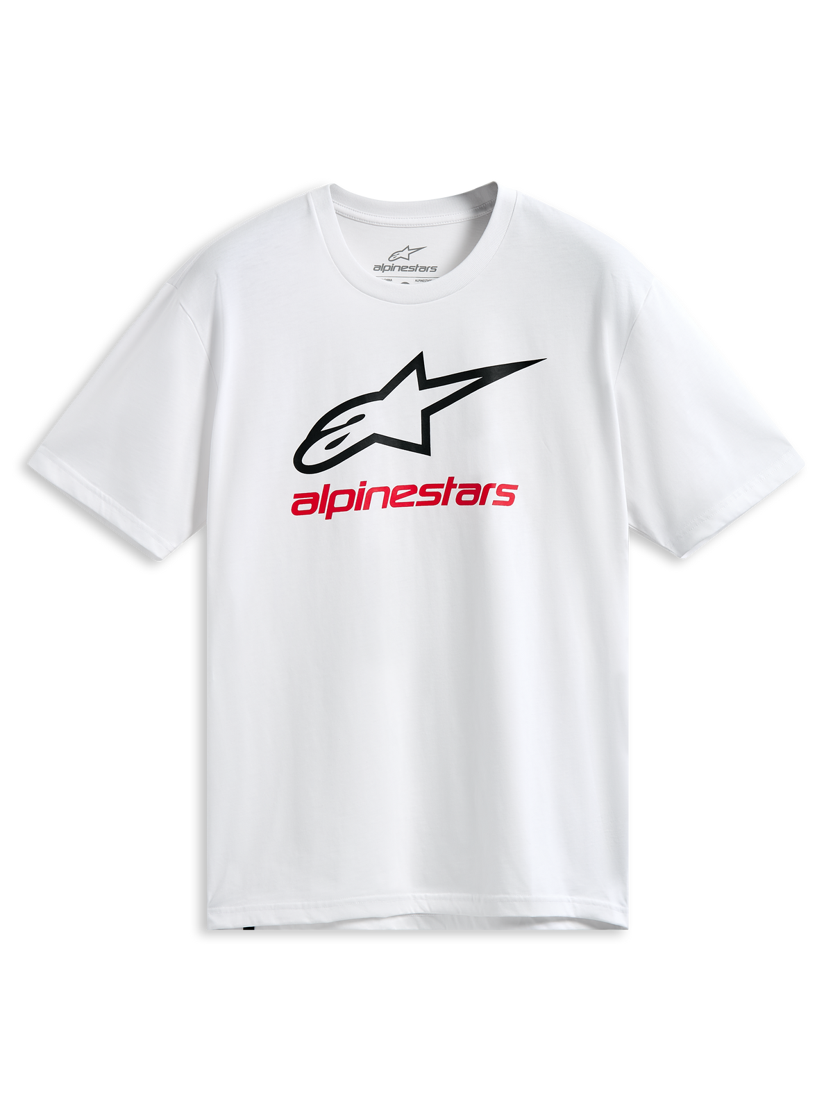 Alpinestars Always 2.0 CSF Tee, t-shirt a maniche corte, bianca, logo Astars con profilo nero e grafica Alpinestars rossa, abbigliamento sportivo casual motorsport