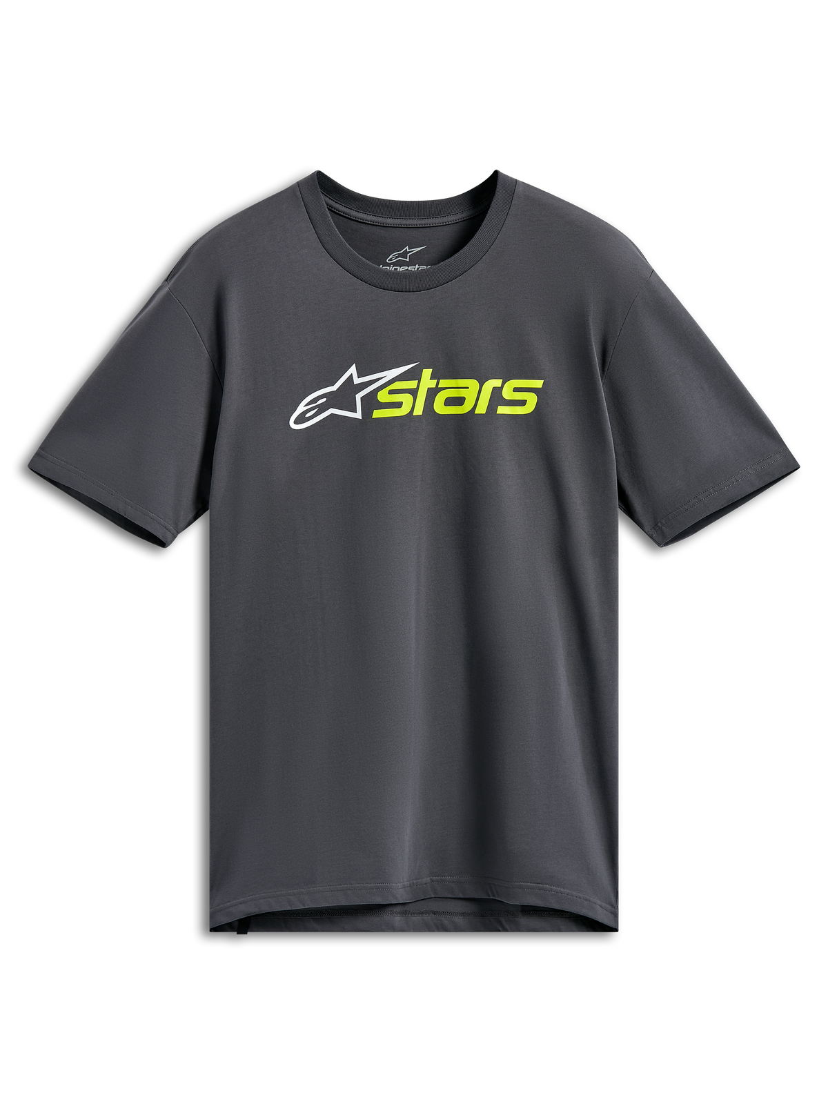Alpinestars Blaze 2.0 CSF Tee, t-shirt a maniche corte, grigio antracite, logo a stella bianco con scritta stars in giallo fluo, abbigliamento casual motorsport streetwear
