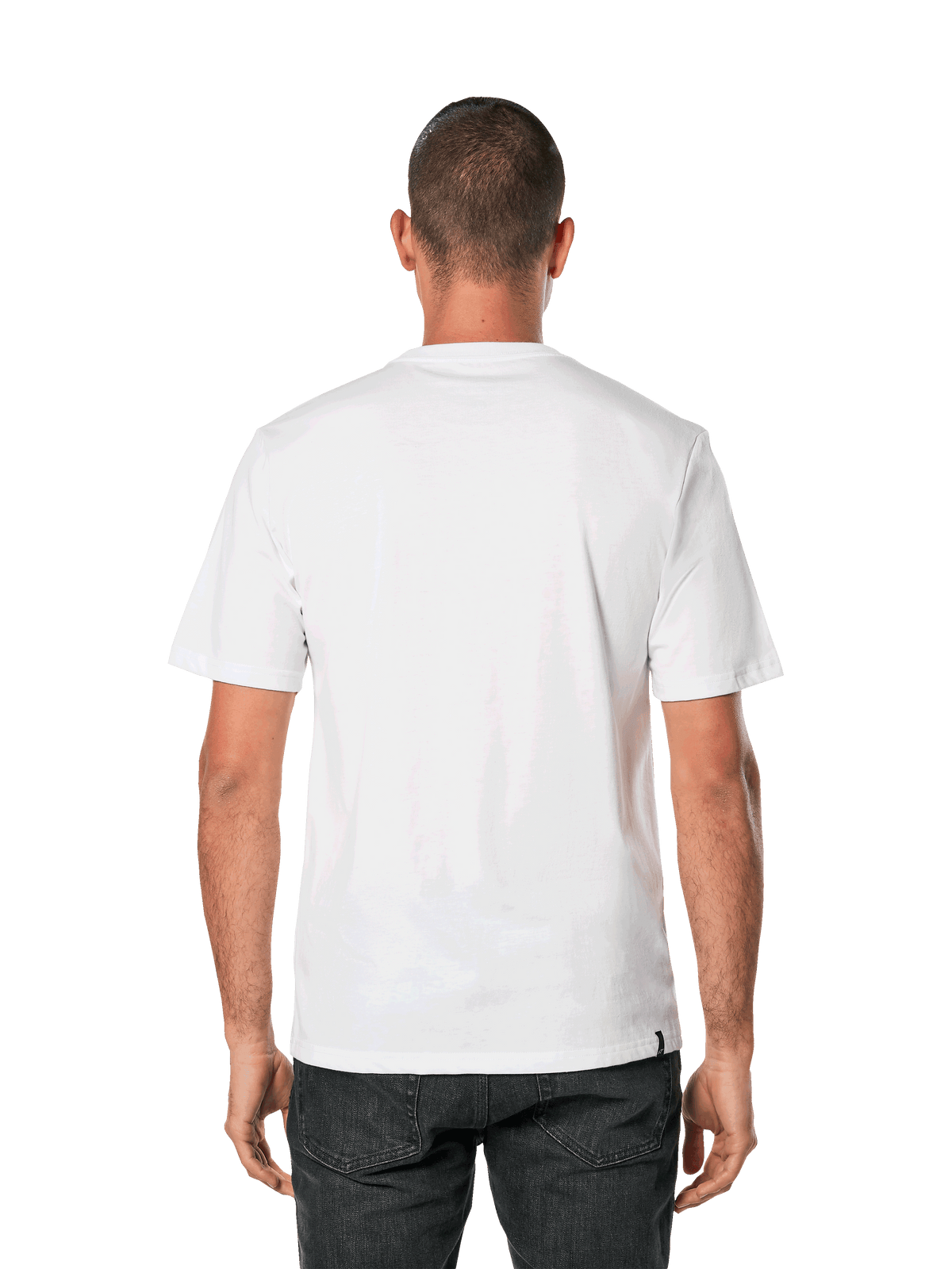 Alpinestars Blaze 2.0 CSF Tee, t-shirt a maniche corte, bianco e blu navy, vista posteriore di un uomo che indossa una t-shirt bianca semplice con pantaloni neri, abbigliamento casual motorsport streetwear