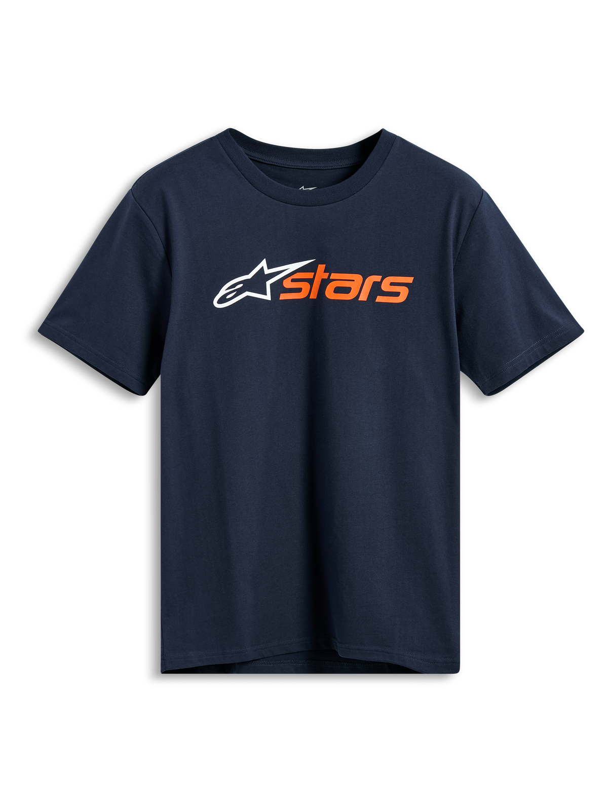 Alpinestars Blaze 2.0 CSF Tee, maglietta a maniche corte, blu navy, logo Alpinestars bianco e grafica 'stars' arancione sul petto, abbigliamento sportivo casual da motorsport