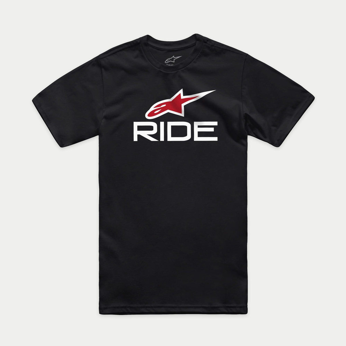 Alpinestars Ride 4.0 CSF Tee, maglietta a maniche corte, nero, logo Alpinestars rosso e scritta RIDE bianca, streetwear motorsport casual