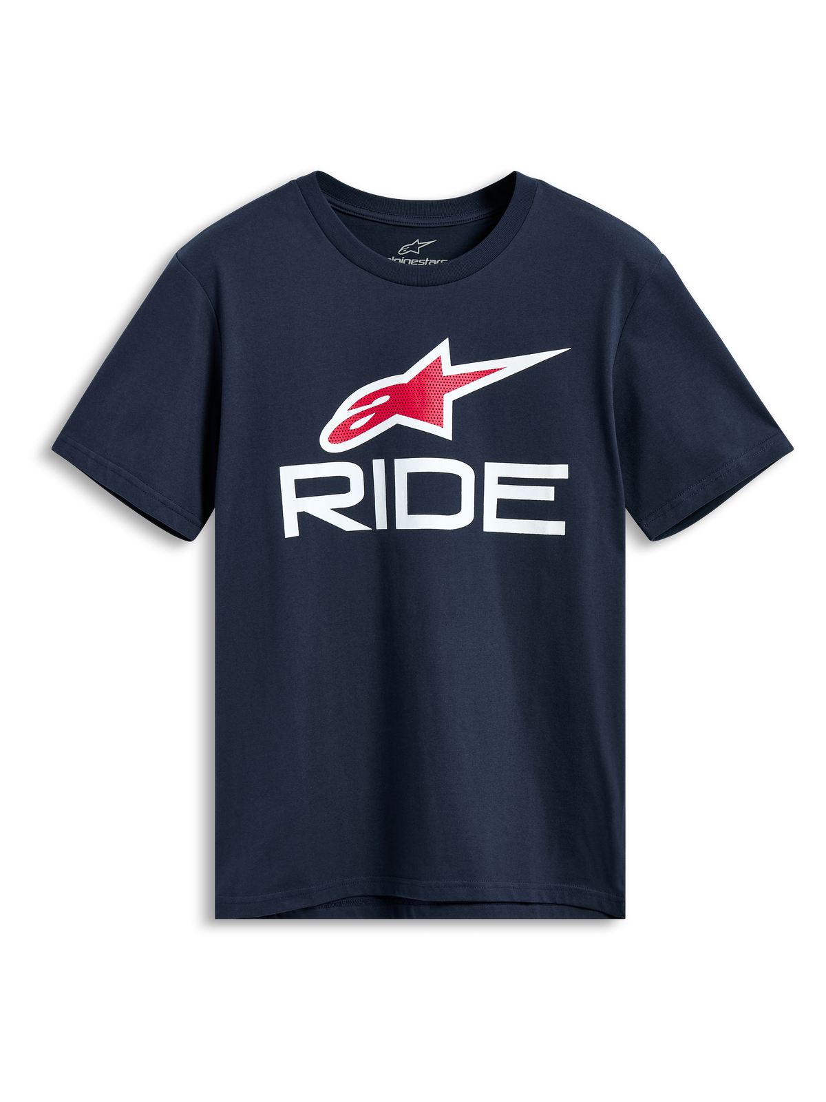 Alpinestars Ride 4.0 CSF Tee, maglietta a maniche corte, blu navy, logo Astars rosso e bianco con grafica RIDE bianca, streetwear casual da motorsport