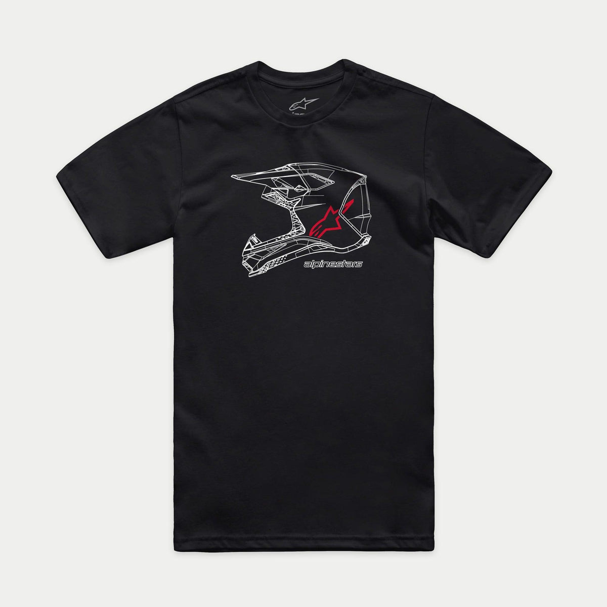 Alpinestars MX Helmet CSF Tee, maglietta a maniche corte, nero, grafica wireframe bianca di un casco MX con logo Alpinestars rosso e scritta, abbigliamento casual motorsport streetwear