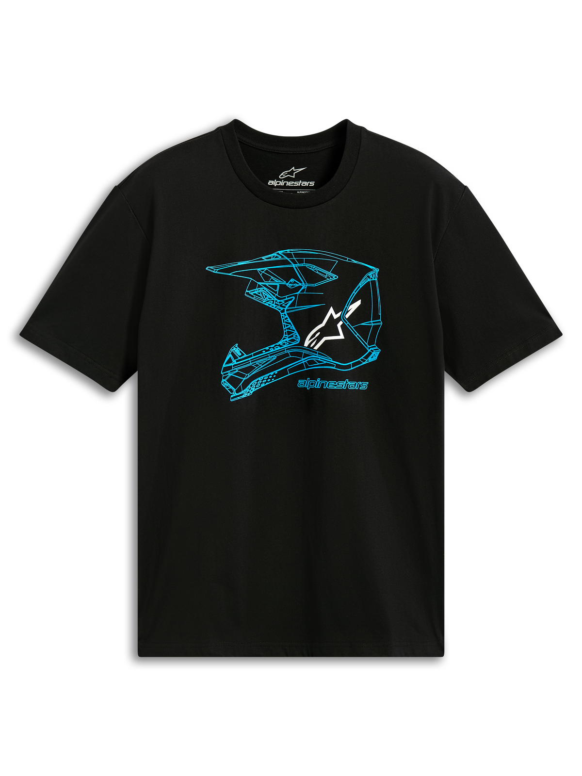 Alpinestars CSF Tee, maglietta a maniche corte, nero e blu, grafica con profilo di casco MX blu e logo bianco, abbigliamento sportivo casual da motorsport
