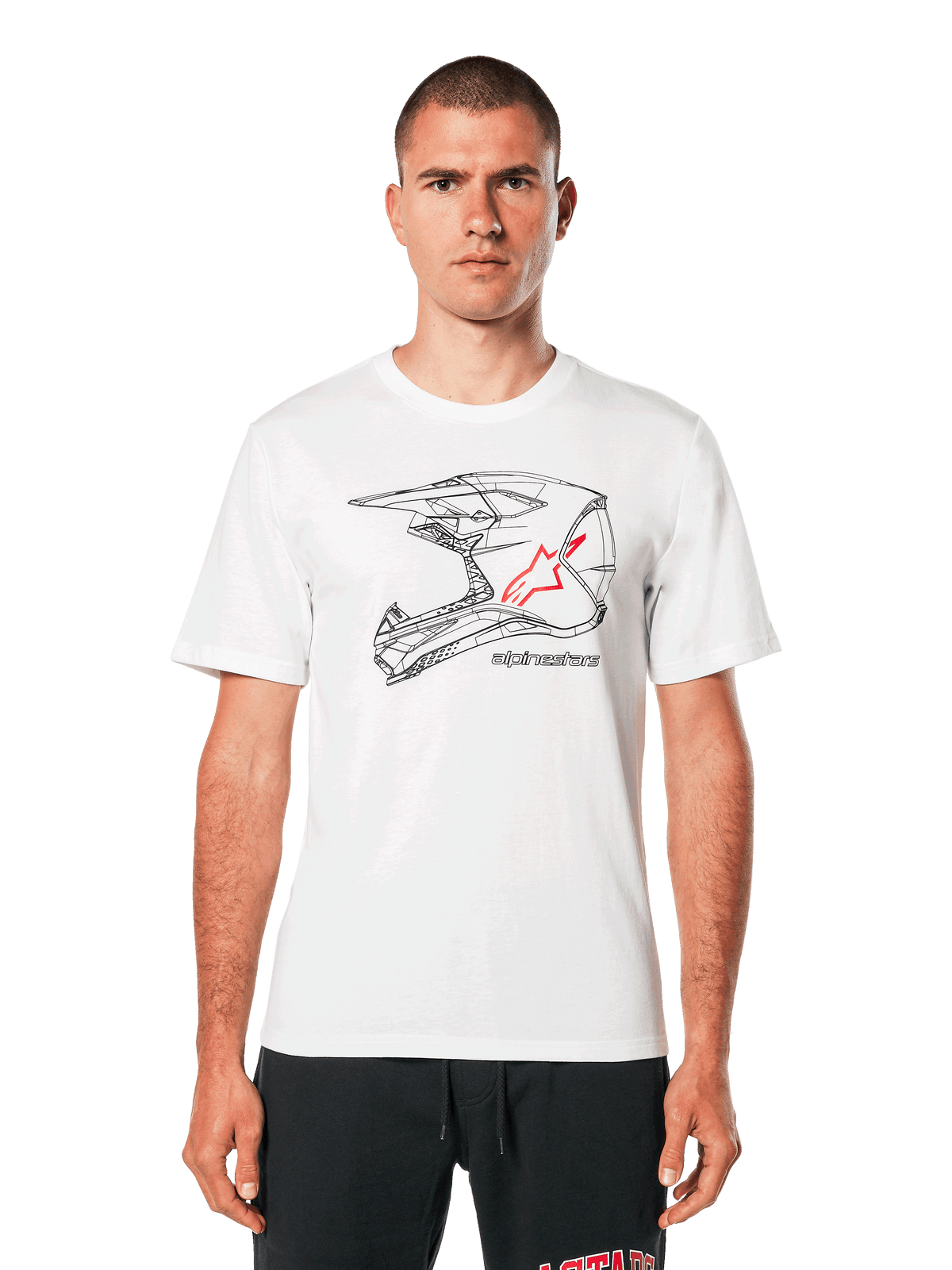 Alpinestars MX Helmet CSF Tee, t-shirt bianca a maniche corte, grafica wireframe nera di un casco da motocross con logo a stella rosso, streetwear casual ispirato al motorsport, indossata da un modello