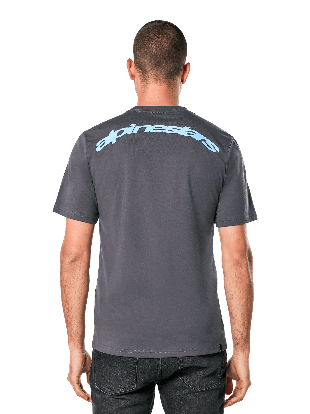 Alpinestars Horizon CSF Tee, t-shirt a maniche corte, grigio antracite, vista posteriore con scritta Alpinestars ad arco in azzurro, abbigliamento sportivo casual