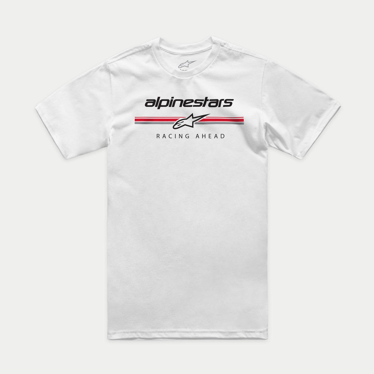 Alpinestars Betteryet CSF Tee, t-shirt a maniche corte, bianco, logo in stile paddock sul petto con strisce rosse e grigie e scritta Racing Ahead, abbigliamento sportivo casual motorsport
